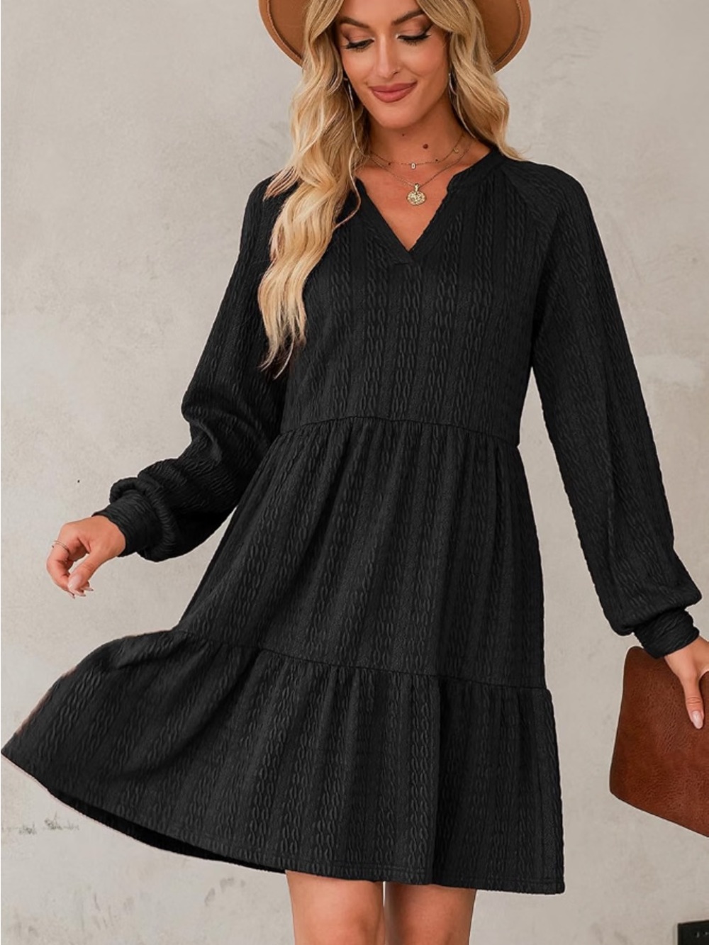 Black V-Neck Tiered Long Sleeve Dress